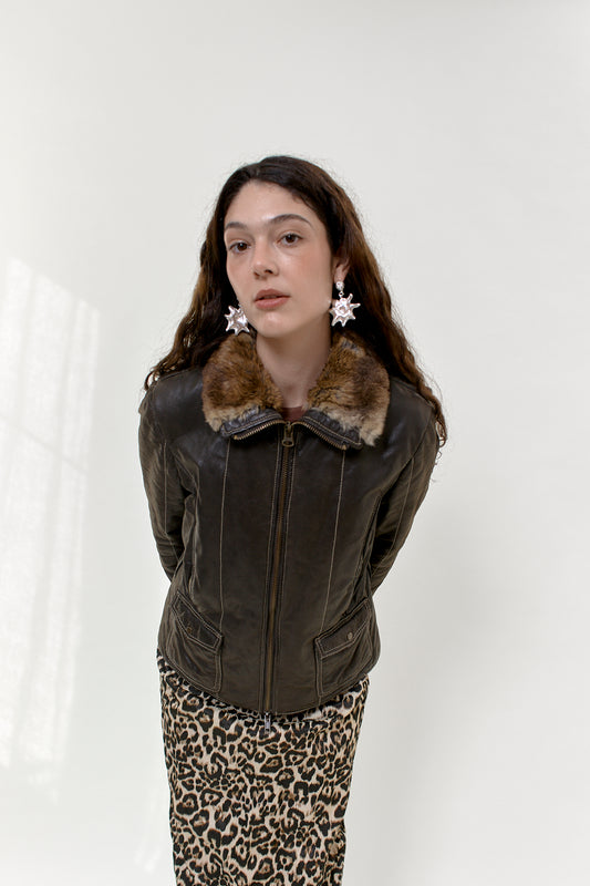 Y2K Padded leather jacket with fur details