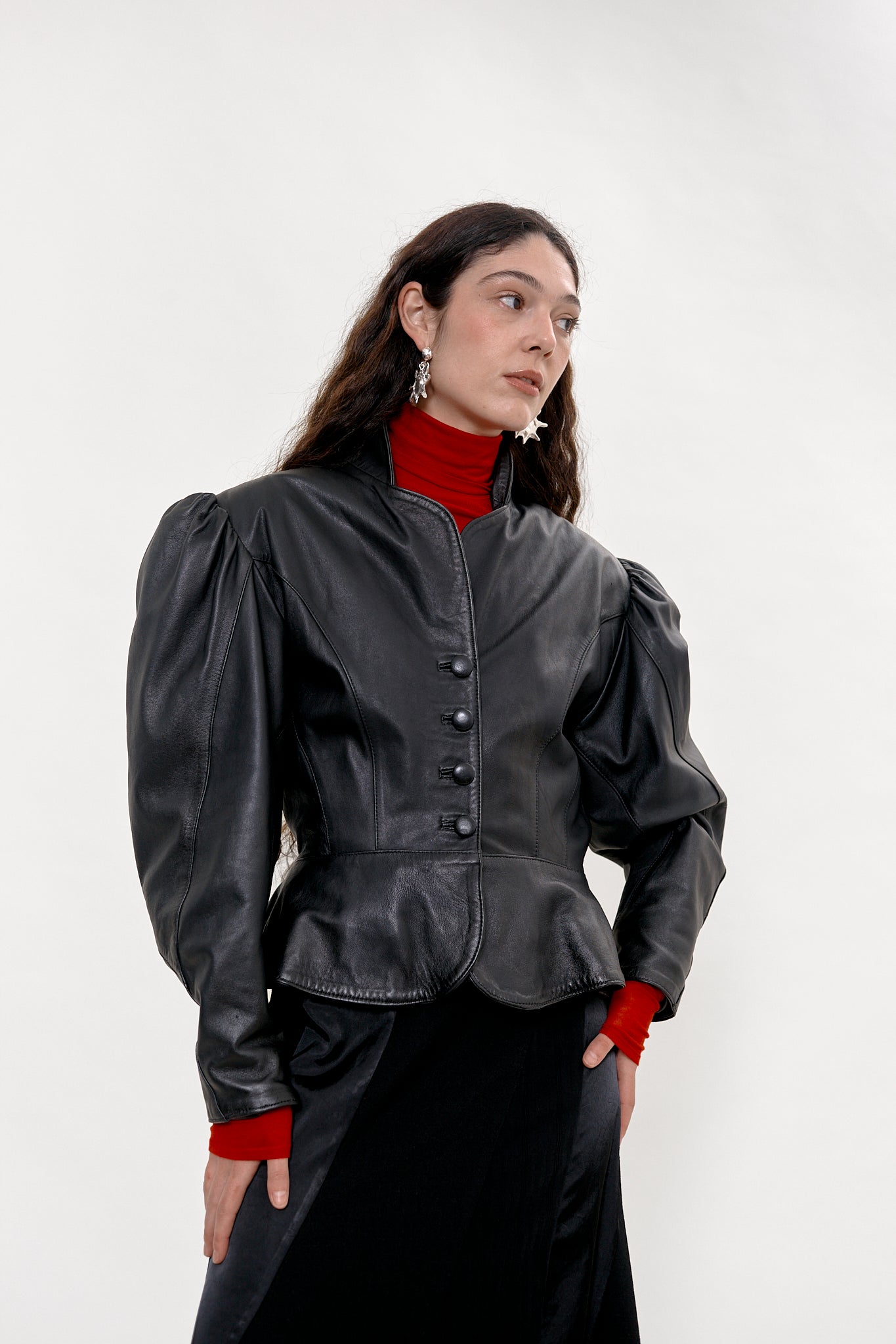 Vintage leather jacket with puff sleeves