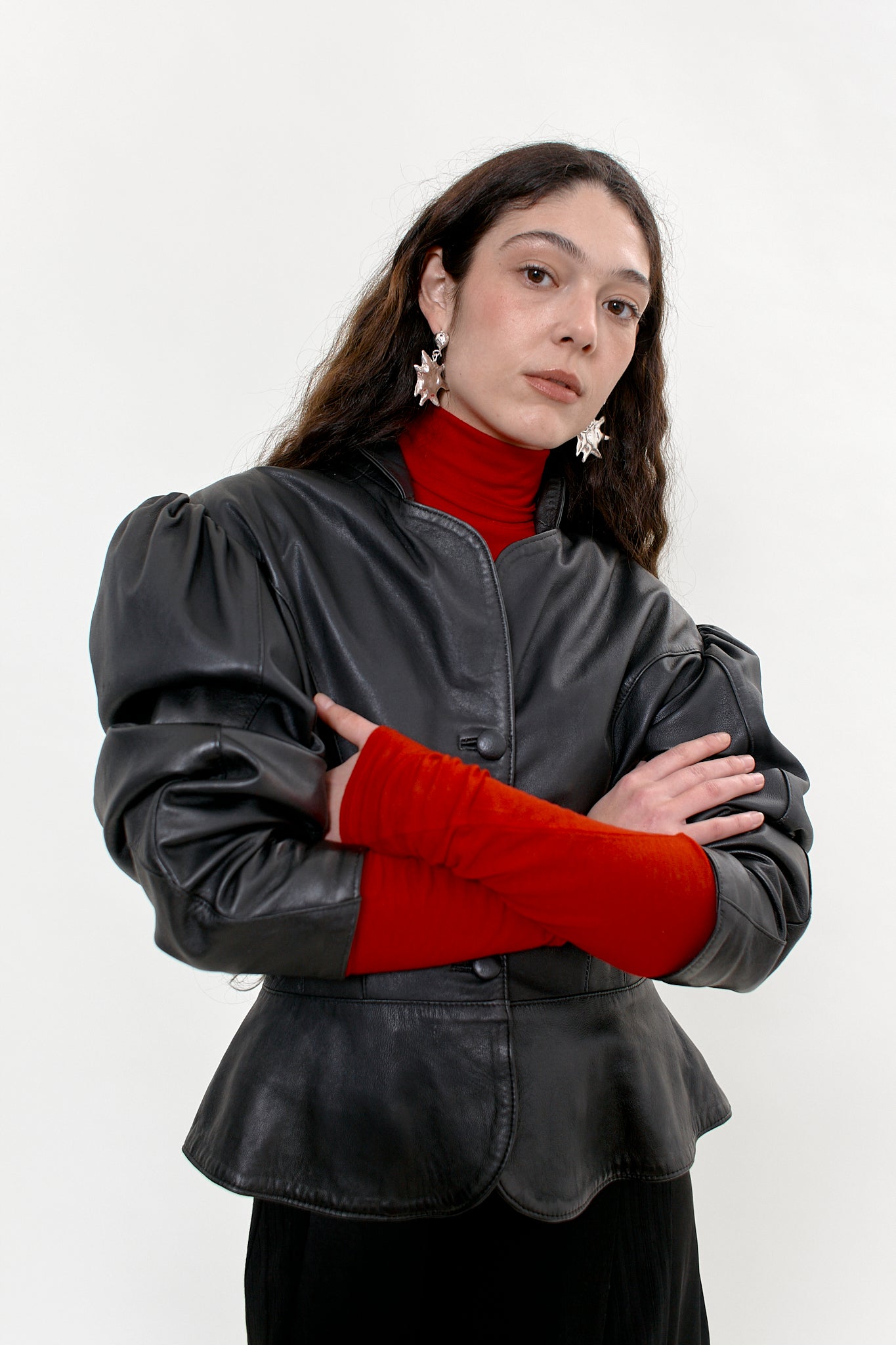 Vintage leather jacket with puff sleeves