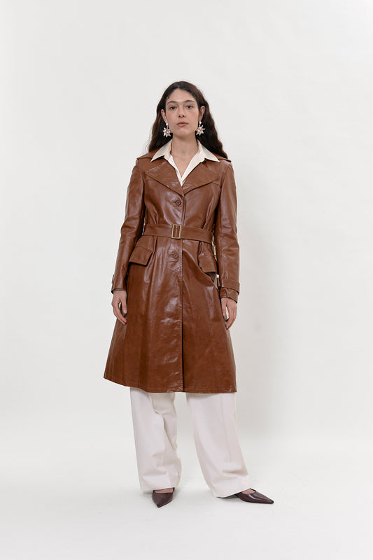 Fitted leather trench coat