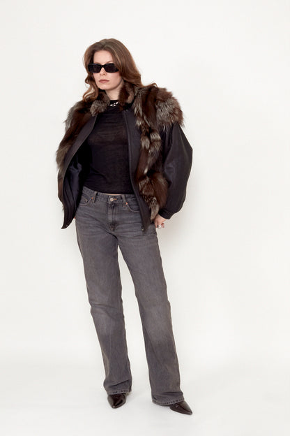 Leather bomber jacket with fur