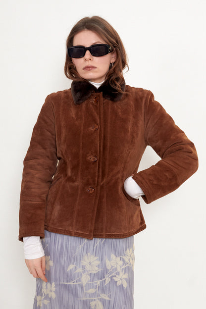 Suede jacket with faux fur collar