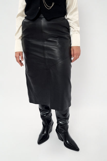 Black leather midi skirt