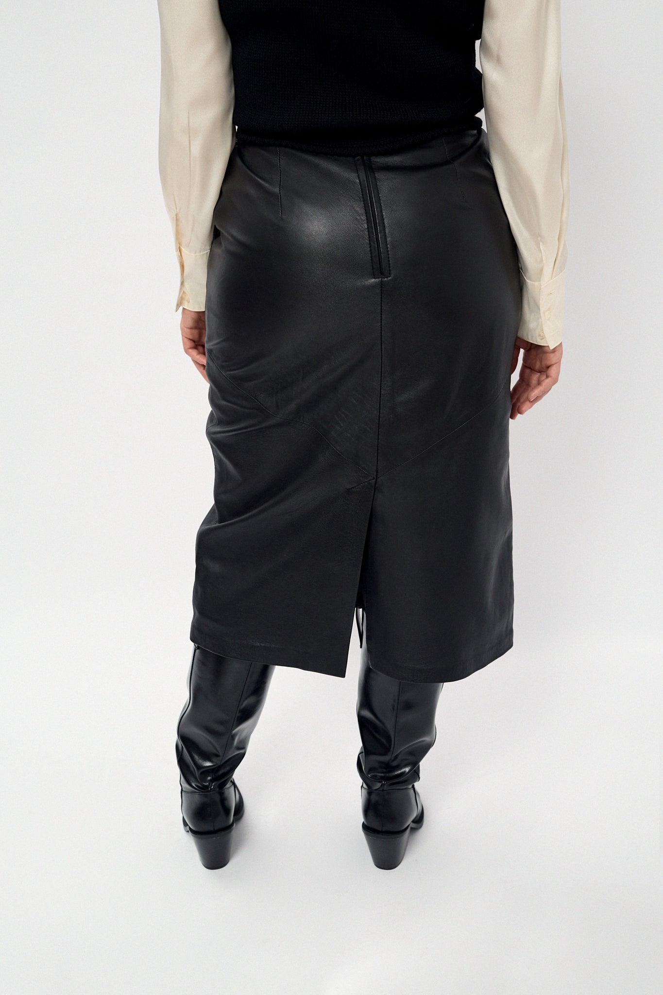 Black leather midi skirt