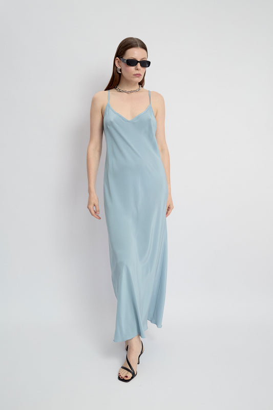 Baby blue silk slip dress